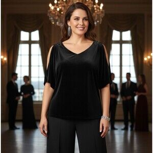 Alex Evenings 1X Black Velvet Top Beaded Cold Shoulder V Neck Split Sleeve Party